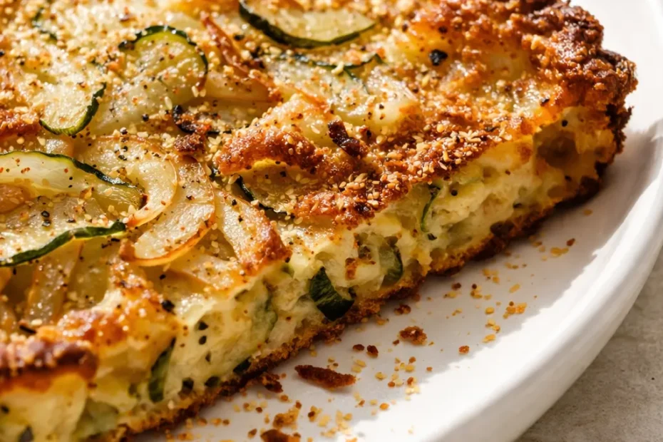 Golden crispy Italian zucchini scarpaccia slice on a white plate, showing crunchy edges and fresh herbs