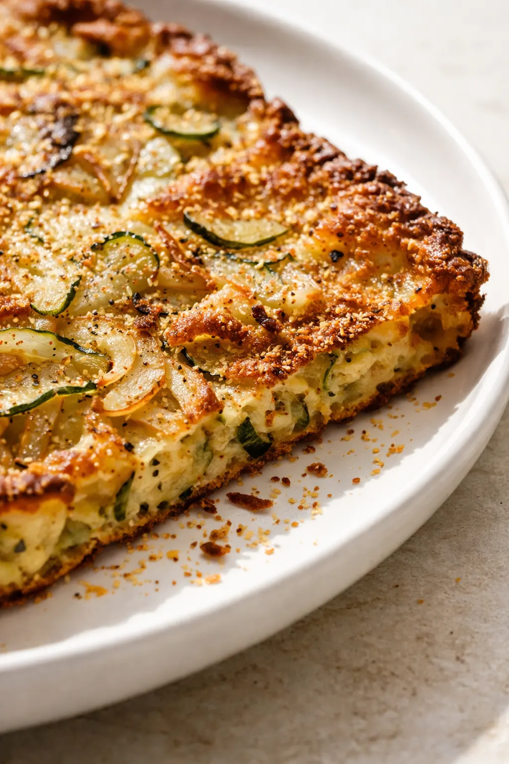 Golden crispy Italian zucchini scarpaccia slice on a white plate, showing crunchy edges and fresh herbs