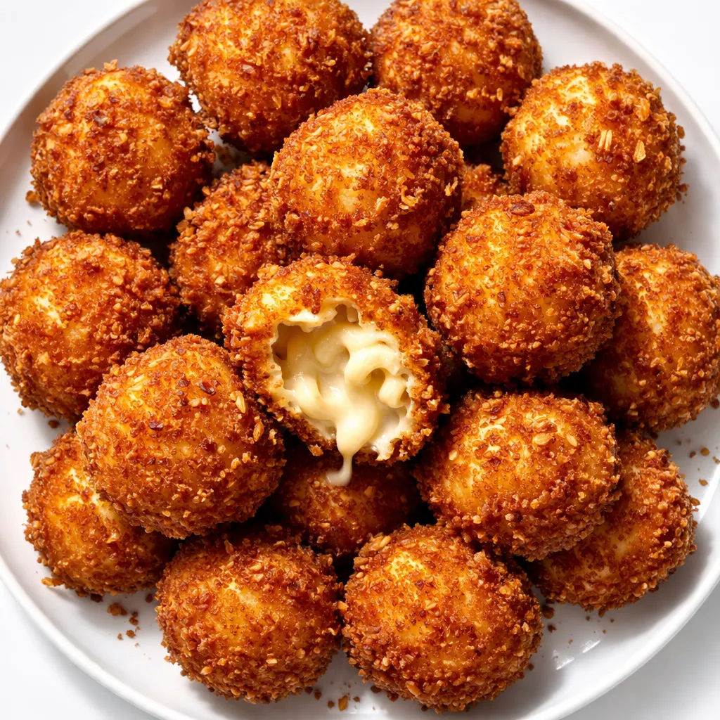 Golden brown crispy fried mac and cheese balls with panko breading, showing crunchy exterior and creamy center.
