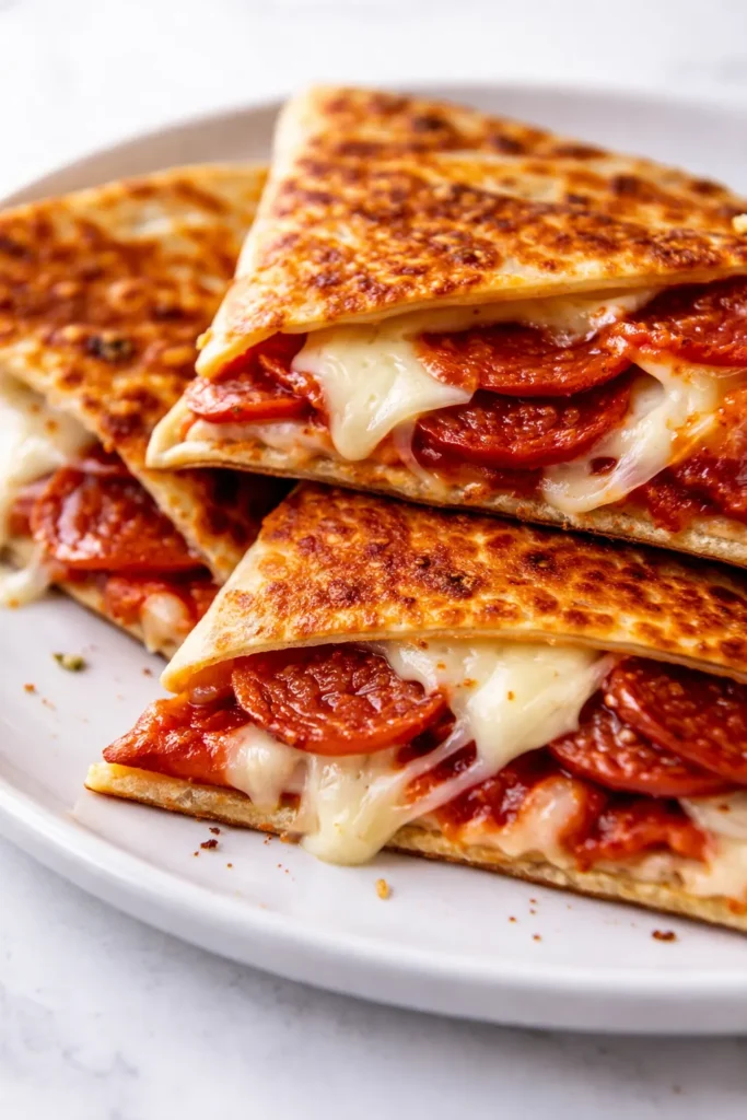Crispy golden brown pizza quesadillas with melted mozzarella and pepperoni, served with marinara sauce for dipping.