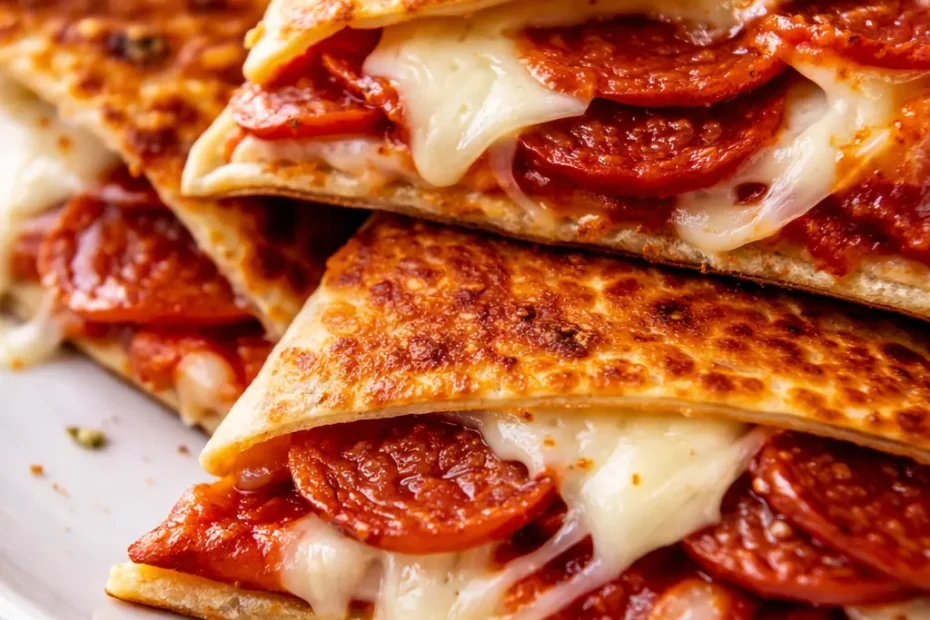 Crispy golden brown pizza quesadillas with melted mozzarella and pepperoni, served with marinara sauce for dipping.