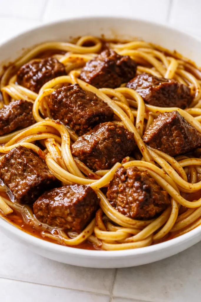 Rich, tender Mississippi beef noodles from a crock pot, with thick savory sauce coating wide egg noodles, never watery.