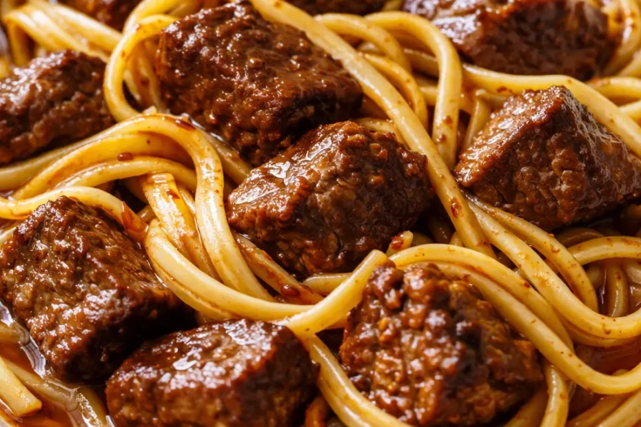 Rich, tender Mississippi beef noodles from a crock pot, with thick savory sauce coating wide egg noodles, never watery.