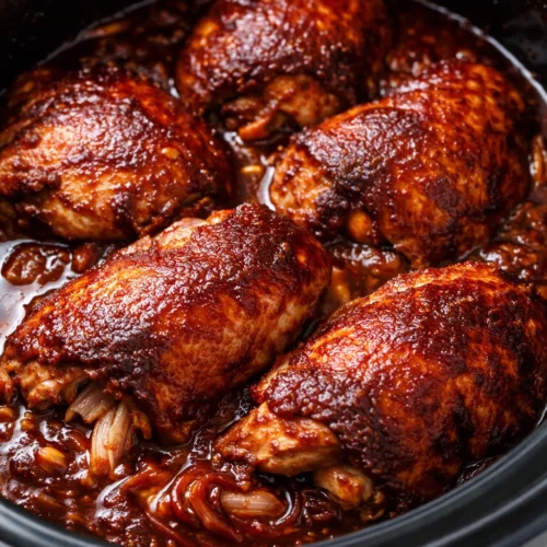 Tender, tangy crockpot BBQ chicken glazed in rich red sauce, garnished with fresh parsley on a rustic plate.