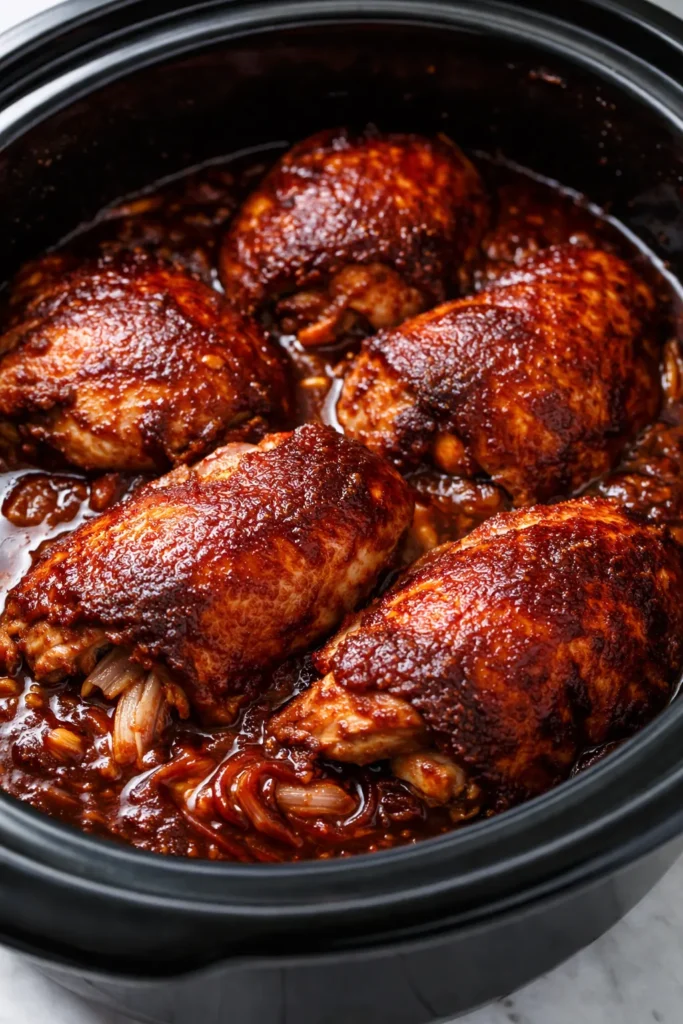 Tender, tangy crockpot BBQ chicken glazed in rich red sauce, garnished with fresh parsley on a rustic plate.