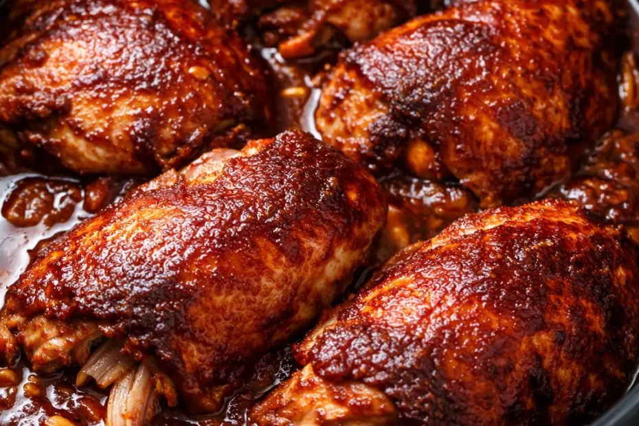 Tender, tangy crockpot BBQ chicken glazed in rich red sauce, garnished with fresh parsley on a rustic plate.