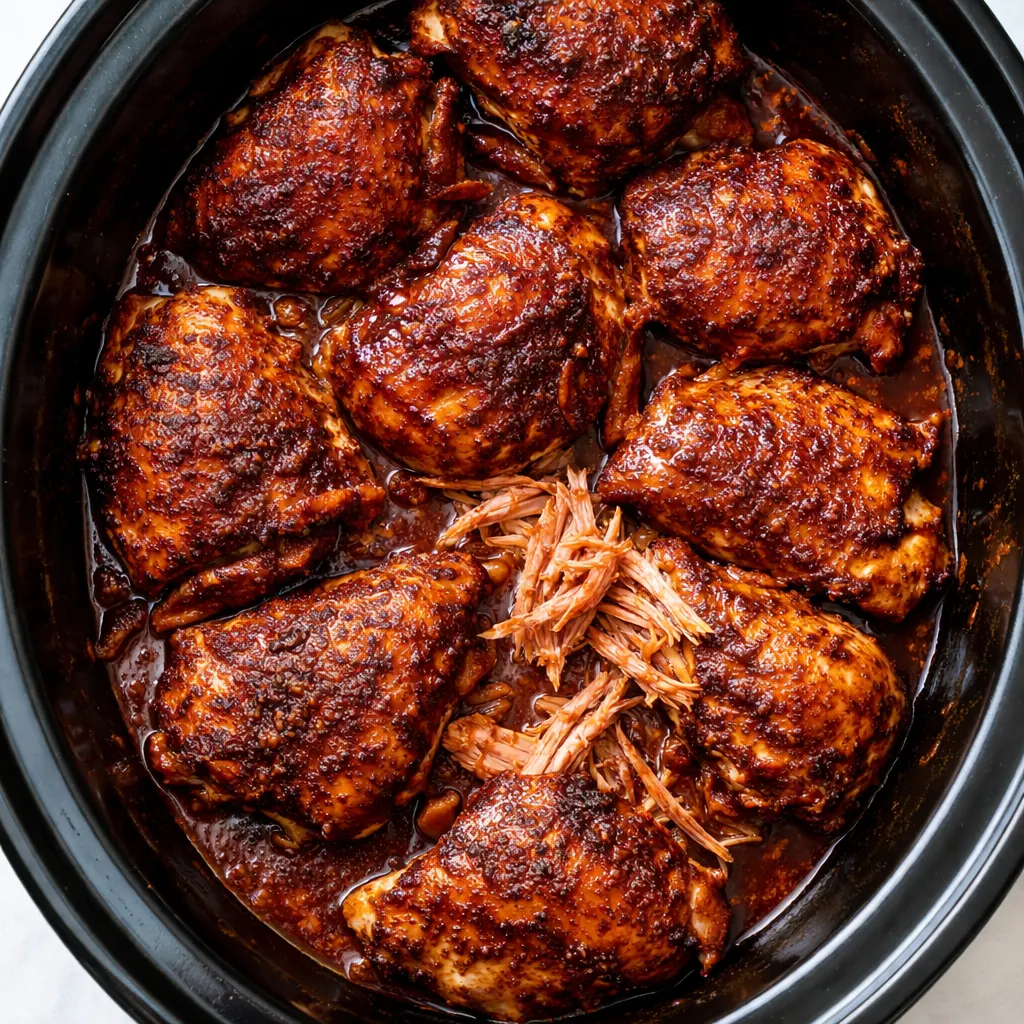 Shredded chicken in tangy barbecue sauce cooking in a crockpot with visible texture and rich color.