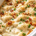 Creamy crockpot pierogi casserole with sliced kielbasa, golden cheese top, and rich sauce that holds its shape.