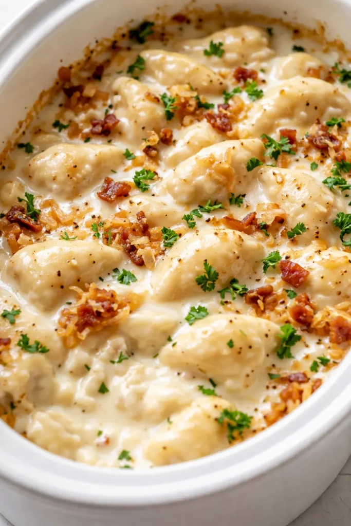 Creamy crockpot pierogi casserole with sliced kielbasa, golden cheese top, and rich sauce that holds its shape.
