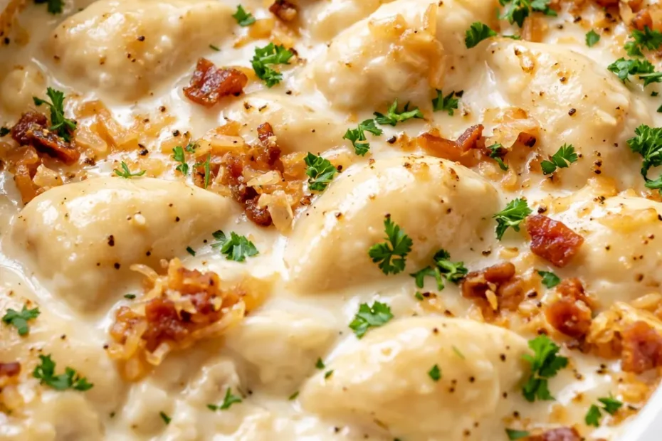 Creamy crockpot pierogi casserole with sliced kielbasa, golden cheese top, and rich sauce that holds its shape.