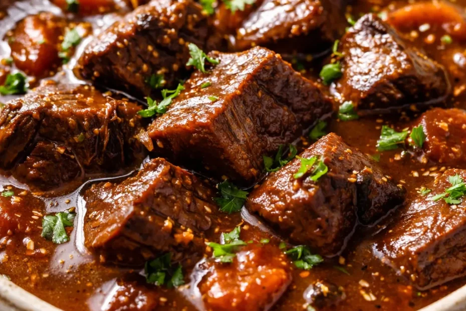 Deep smoky beef goulash in a bowl, thick red sauce with tender beef chunks, sprinkled with fresh parsley, steam rising.