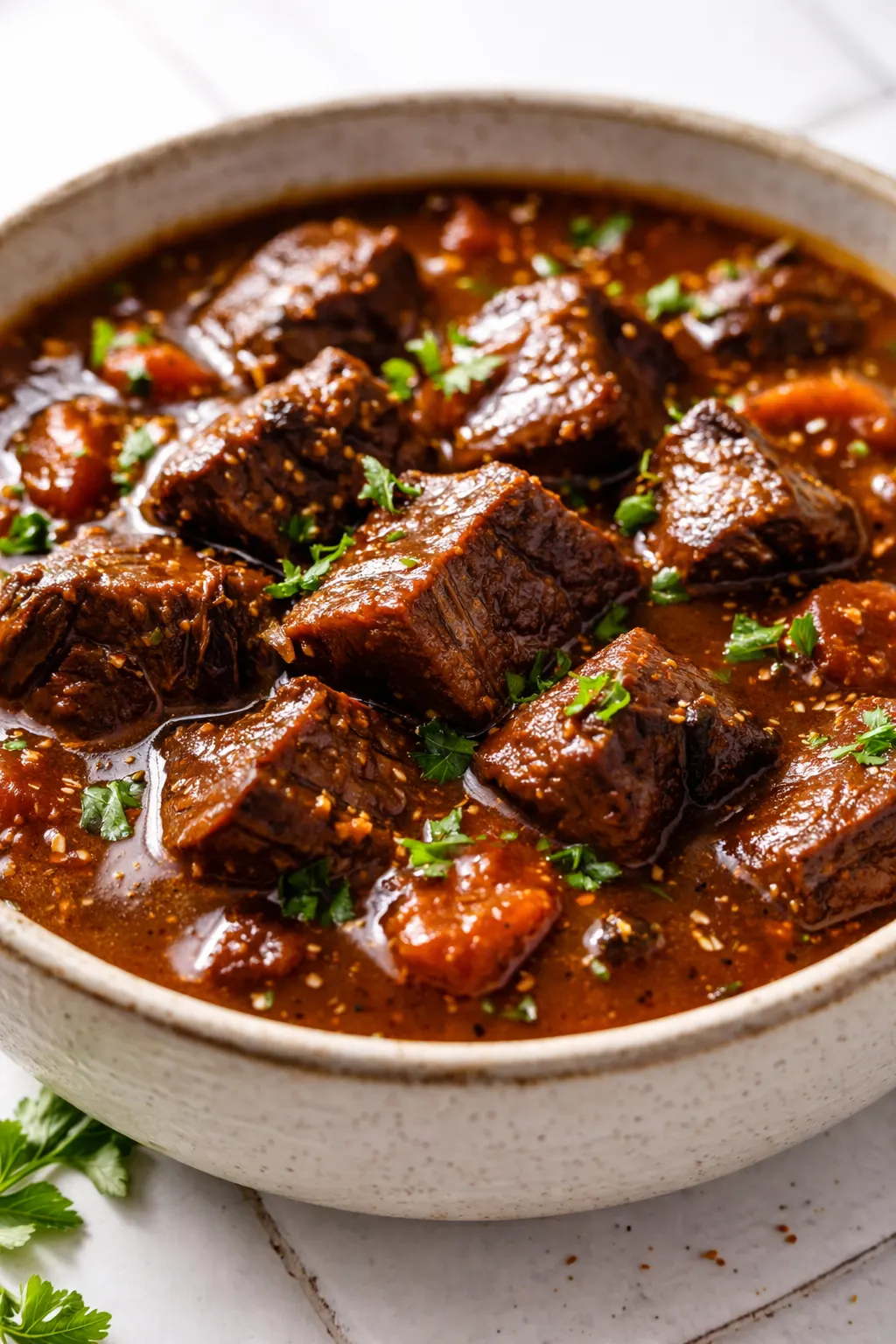 Deep smoky beef goulash in a bowl, thick red sauce with tender beef chunks, sprinkled with fresh parsley, steam rising.