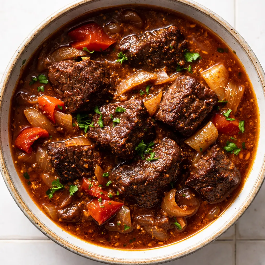 Deep, smoky beef goulash simmering in a cast-iron pot with rich red broth, tender meat, and paprika.