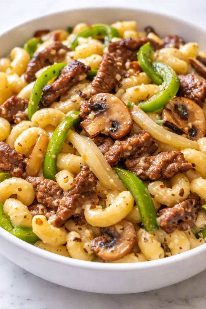 Easy high-protein Philly cheesesteak macaroni and cheese with melted provolone, tender steak strips, and colorful bell peppers in a creamy, golden baked dish.