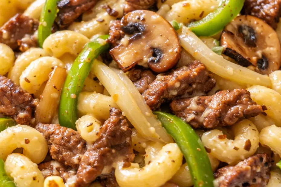 Easy high-protein Philly cheesesteak macaroni and cheese with melted provolone, tender steak strips, and colorful bell peppers in a creamy, golden baked dish.