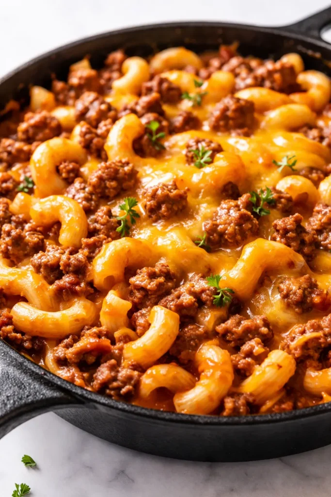 Creamy, cheesy taco mac with seasoned ground beef, melted cheddar, and fresh tomato and lettuce toppings in a bowl.
