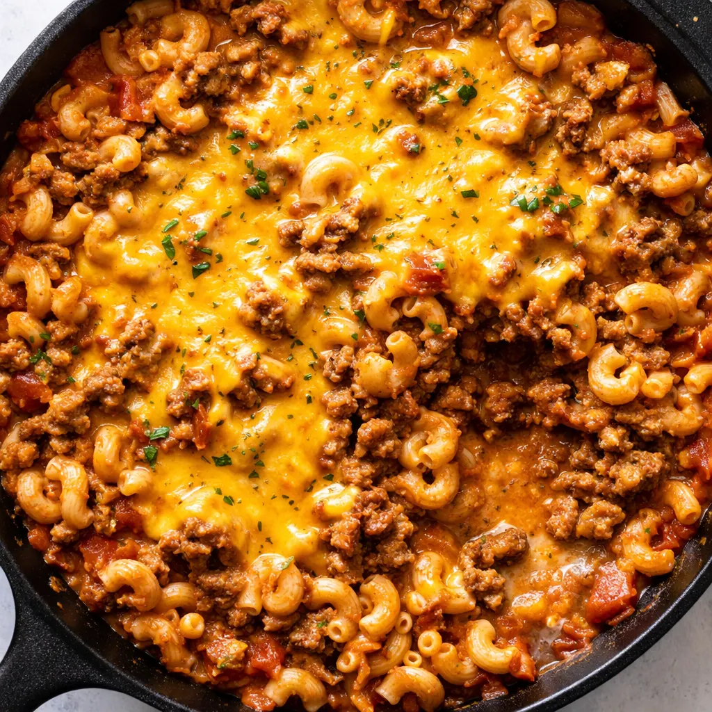 Creamy, cheesy Easy Taco Mac being stirred in a pot, with melted cheese and seasoned ground beef visible.