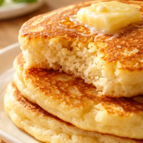 Fluffy Japanese soufflé pancakes stacked high, golden brown and dusted with powdered sugar, showing their tall airy texture
