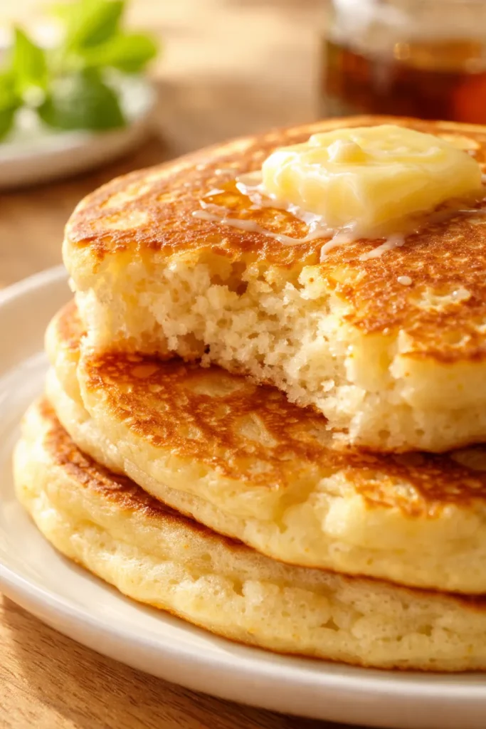 Fluffy Japanese soufflé pancakes stacked high, golden brown and dusted with powdered sugar, showing their tall airy texture