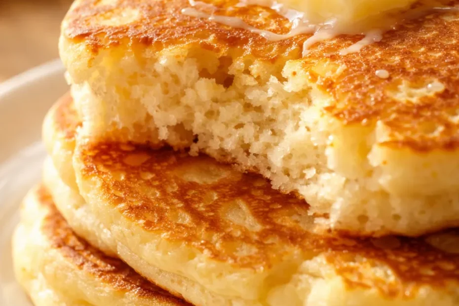 Fluffy Japanese soufflé pancakes stacked high, golden brown and dusted with powdered sugar, showing their tall airy texture