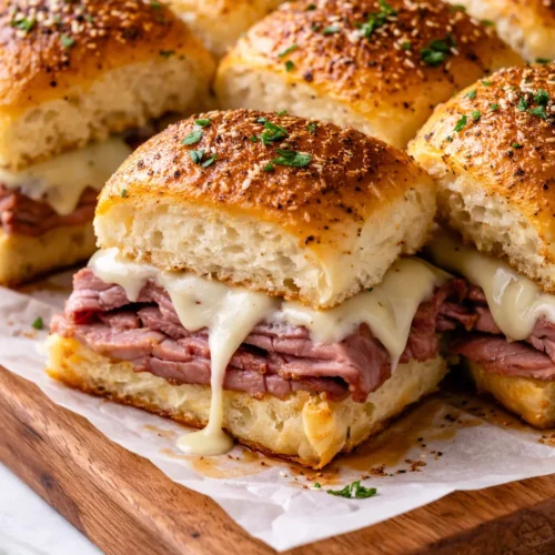 Golden brown French dip sliders with melted provolone and tender beef, served with au jus dipping sauce, no sogginess.