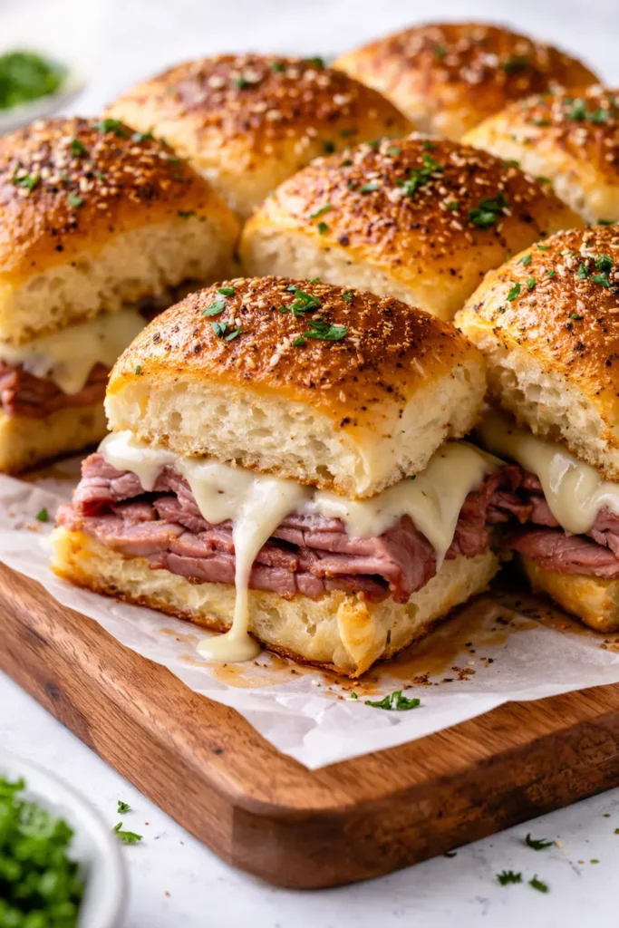 Golden brown French dip sliders with melted provolone and tender beef, served with au jus dipping sauce, no sogginess.