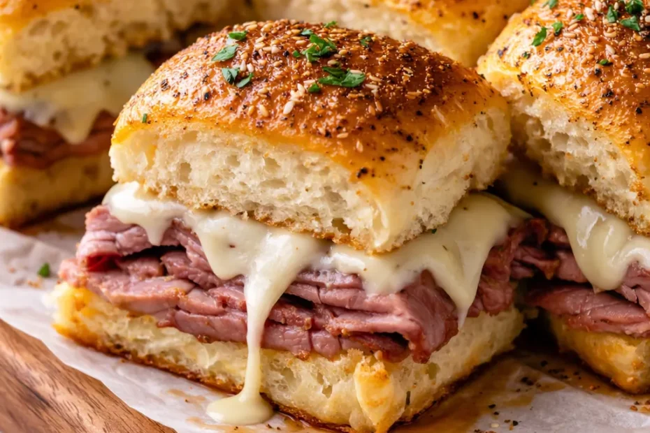 Golden brown French dip sliders with melted provolone and tender beef, served with au jus dipping sauce, no sogginess.