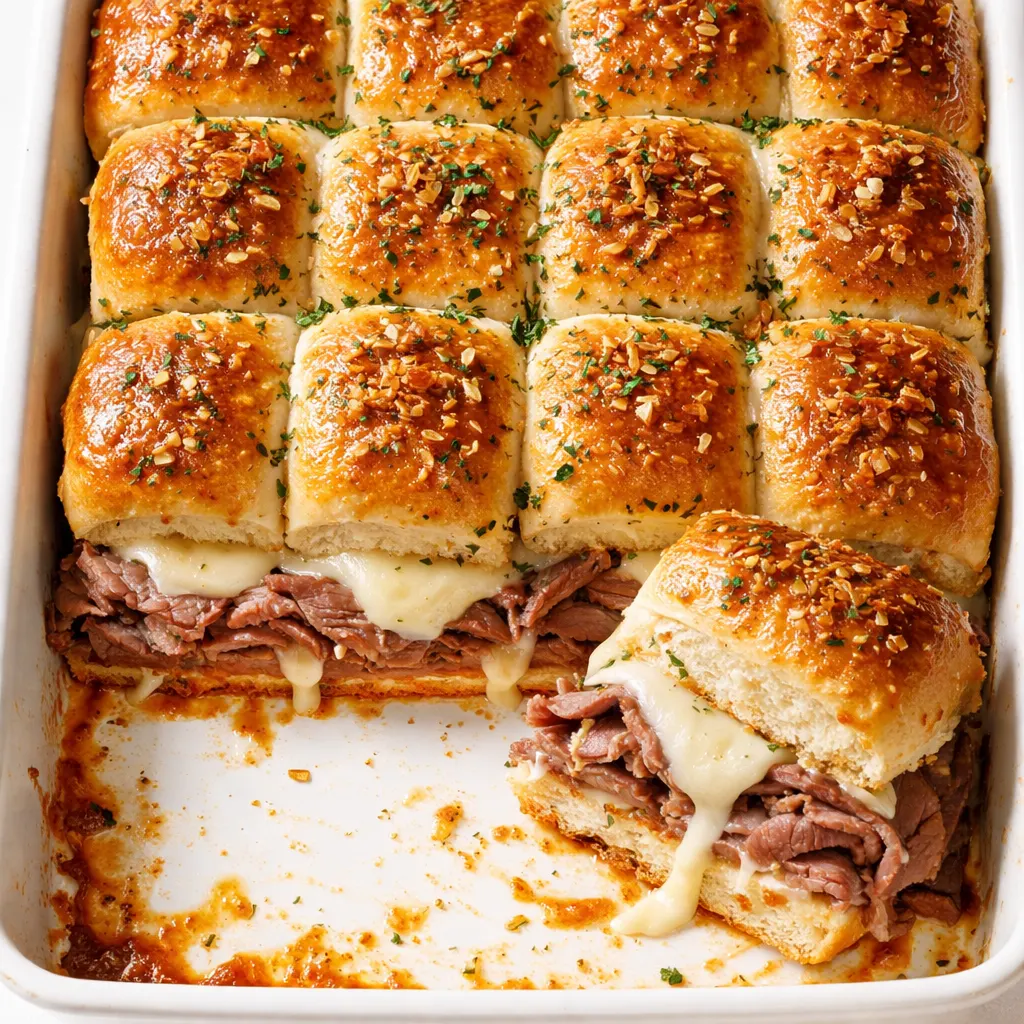 Close-up of French dip sliders with roast beef and melted provolone on toasted buns, served with a small bowl of au jus dipping sauce.