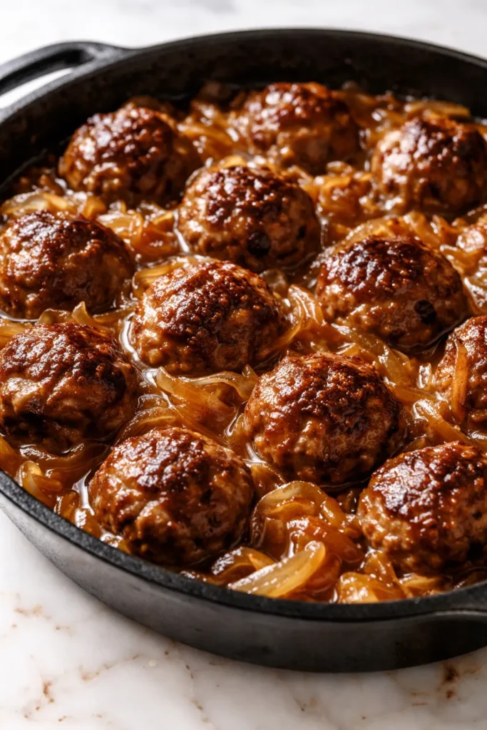 French onion meatball skillet with melted golden gruyere and caramelized onions over juicy meatballs in savory broth.