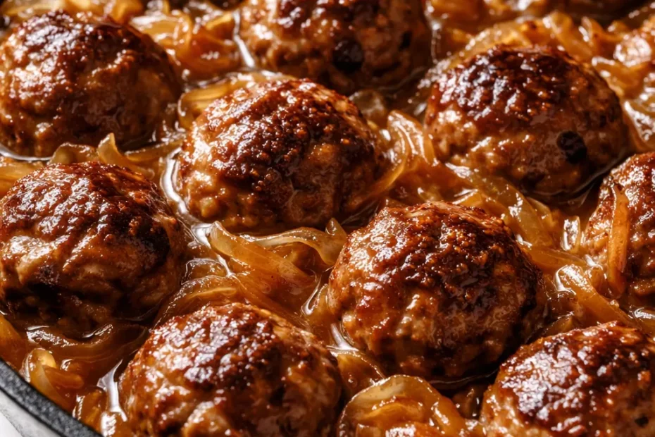 French onion meatball skillet with melted golden gruyere and caramelized onions over juicy meatballs in savory broth.