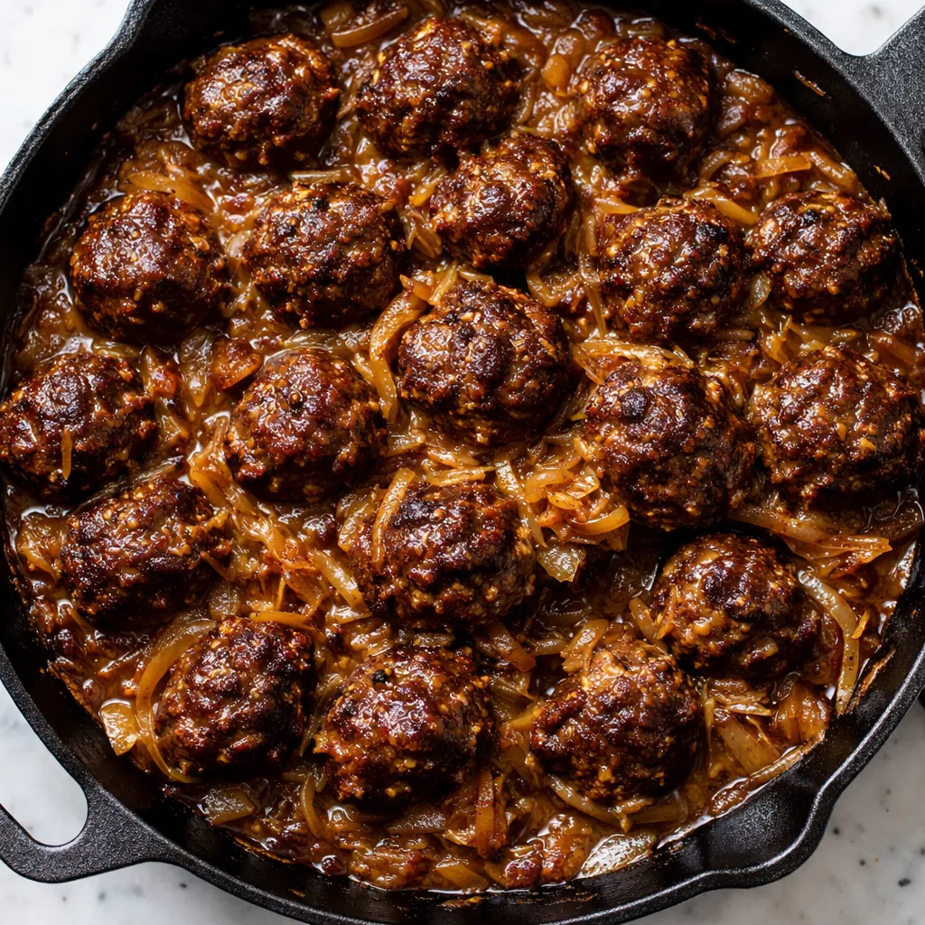 Juicy meatballs and caramelized onions bubbling with melted Gruyere cheese in a cast iron skillet, golden and savory.