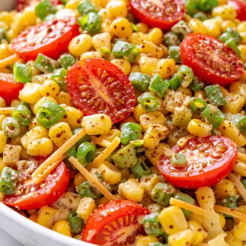 Vibrant Fritos corn salad with crunchy chips, sweet corn, diced peppers, and red onions in a white bowl.