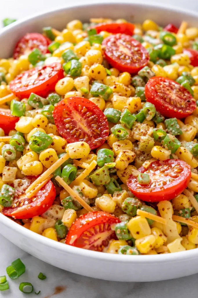Vibrant Fritos corn salad with crunchy chips, sweet corn, diced peppers, and red onions in a white bowl.