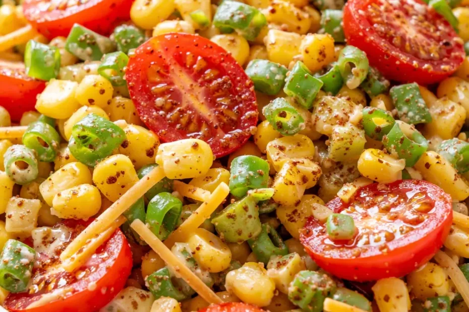 Vibrant Fritos corn salad with crunchy chips, sweet corn, diced peppers, and red onions in a white bowl.