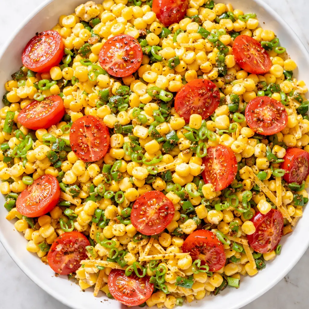 Mixing Fritos corn salad with crunchy corn, diced tomatoes, and creamy dressing in a large bowl, showing vibrant colors and texture.