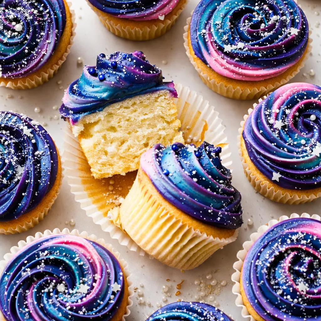 Swirling blue, purple, and pink batter with silver edible glitter creating a galaxy effect for galaxy cupcakes that taste like a vanilla cloud