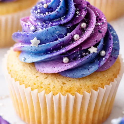 Galaxy cupcakes topped with swirling blue and purple vanilla frosting and shimmering star sprinkles.