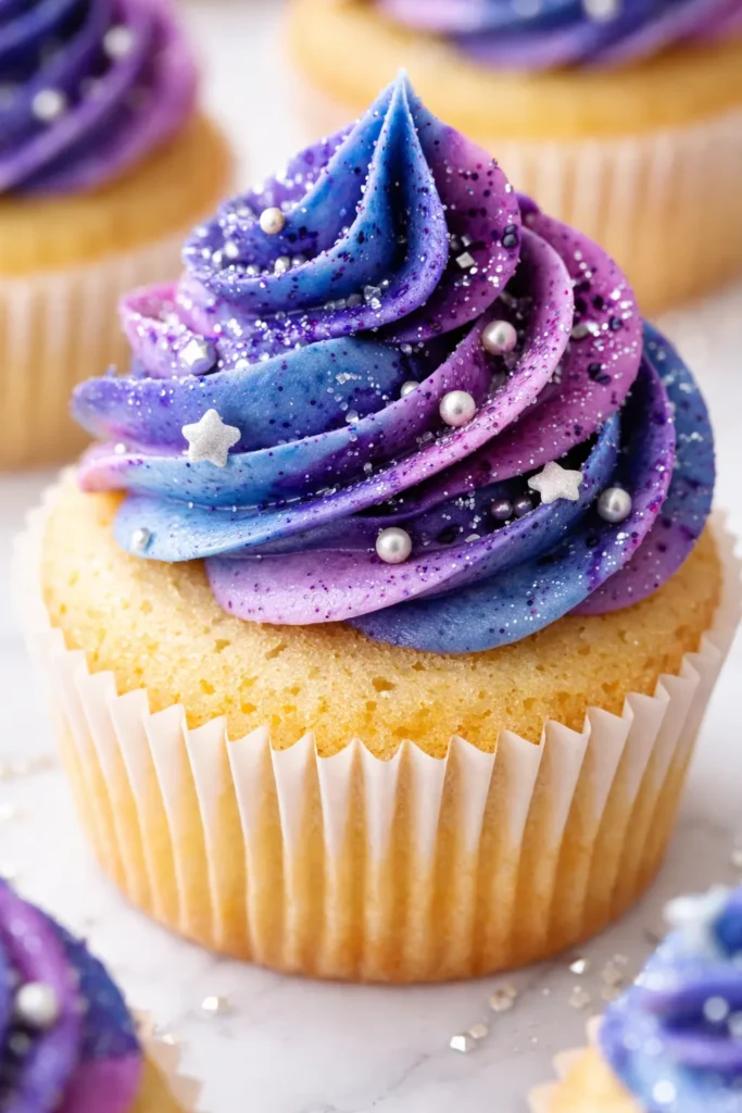 Galaxy cupcakes topped with swirling blue and purple vanilla frosting and shimmering star sprinkles.