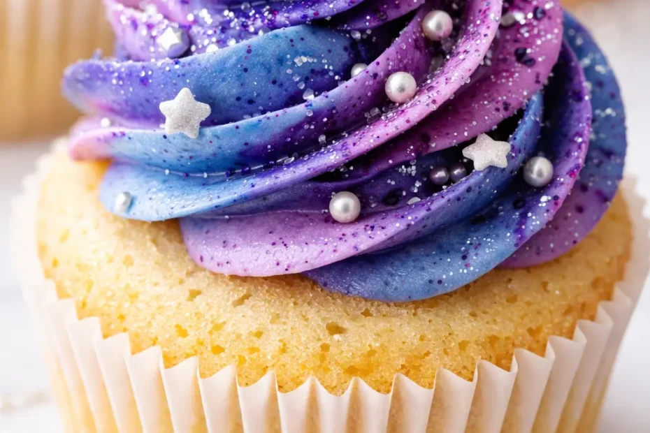 Galaxy cupcakes topped with swirling blue and purple vanilla frosting and shimmering star sprinkles.