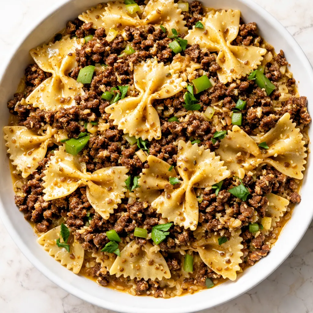 Garlic butter bowtie pasta with beef cooking in a one-pan dinner, glossy butter sauce coating the pasta and tender beef pieces.