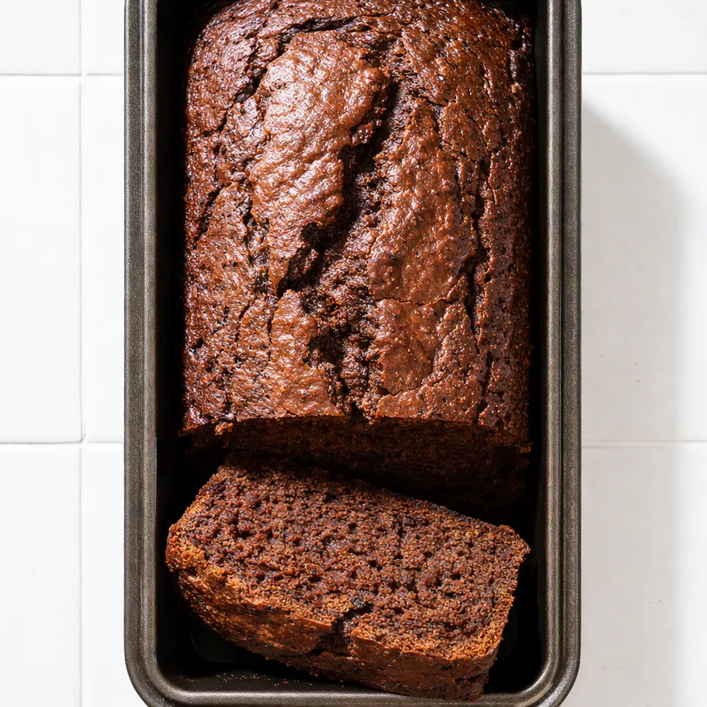 Moist gluten free chocolate banana bread loaf with a golden crust and melty chocolate chips.