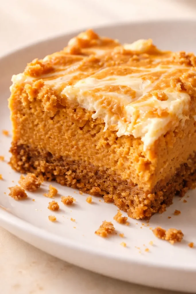Creamy gluten free pumpkin pie cheesecake bars with spiced pumpkin swirl and golden graham cracker crust, an indulgent dessert