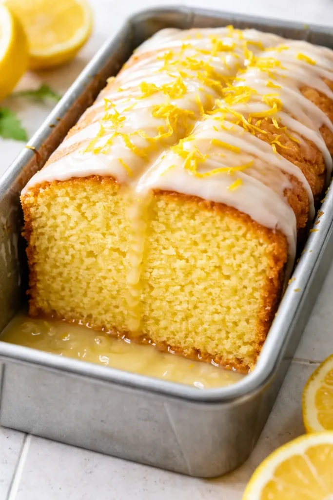 A slice of soft, moist lemon cake with glossy lemon glaze and bright yellow zest on a white plate, with a fork alongside.