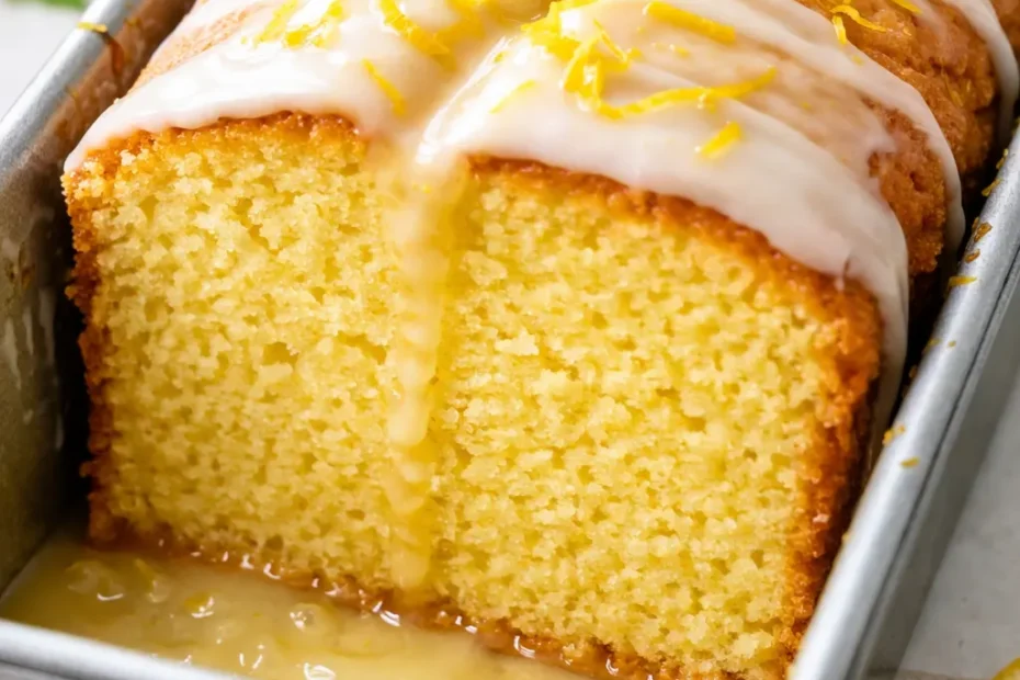 A slice of soft, moist lemon cake with glossy lemon glaze and bright yellow zest on a white plate, with a fork alongside.