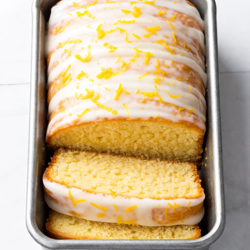 Moist and bright lemon cake with a tender crumb, topped with a light glaze, resting on a vintage plate.