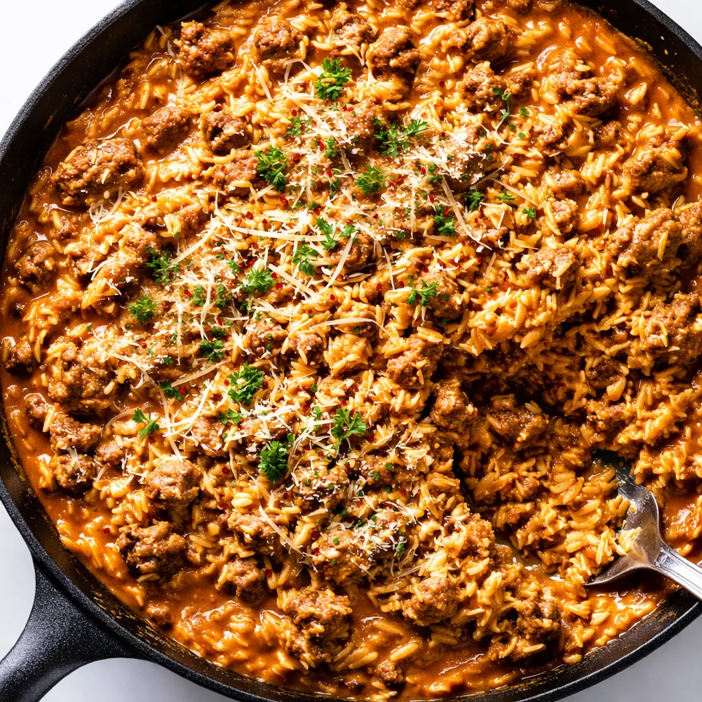 Browned ground beef and orzo simmering in a rich, creamy tomato sauce with garlic and herbs in a skillet.