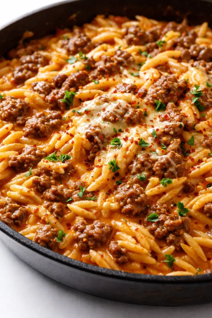 Ground beef orzo in a rich tomato cream sauce with creamy texture, al dente pasta, and savory browned beef.