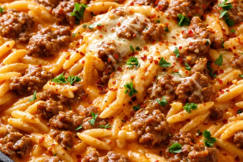 Ground beef orzo in a rich tomato cream sauce with creamy texture, al dente pasta, and savory browned beef.