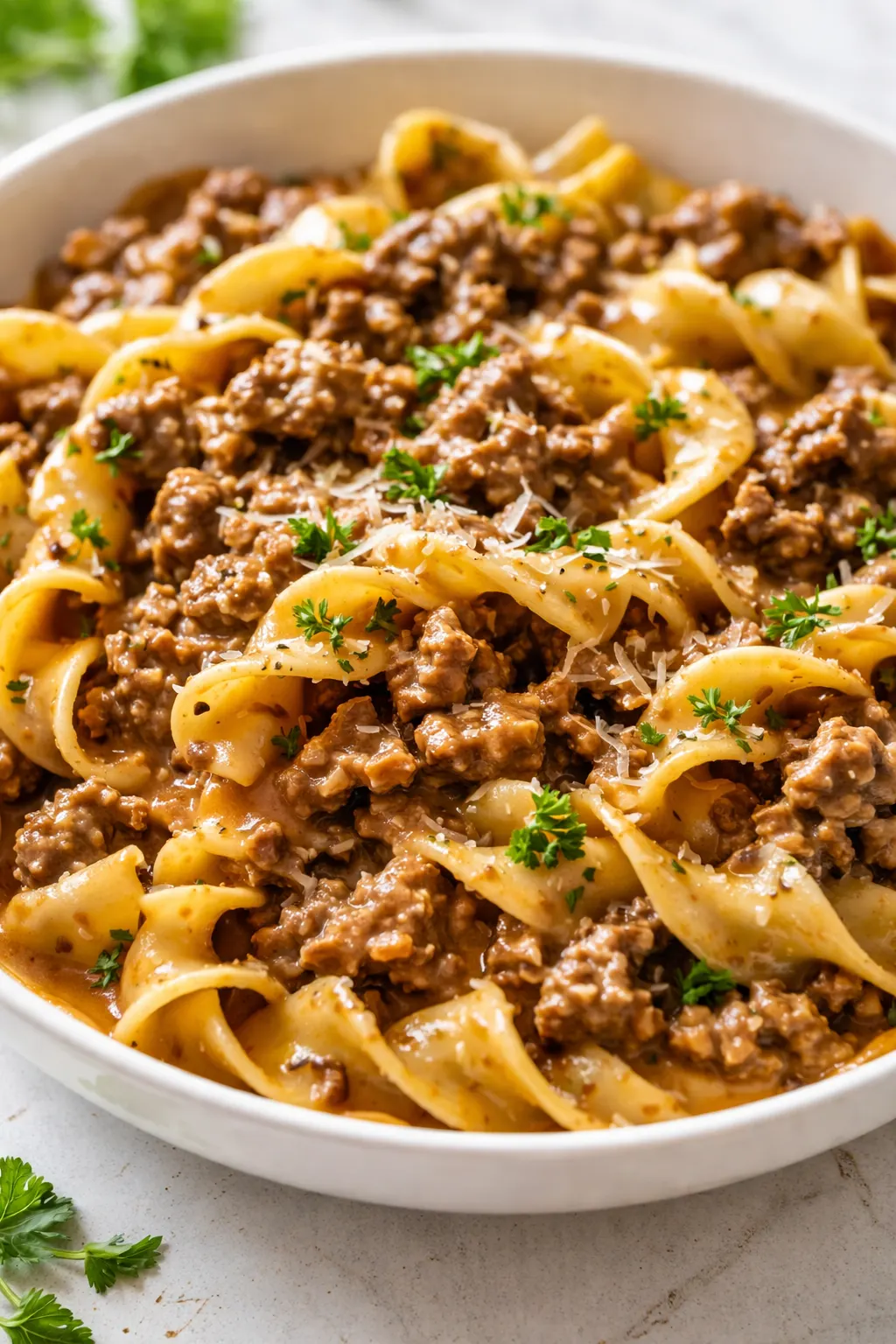 Rich and creamy ground beef stroganoff with tender ground beef in a velvety sauce, served over egg noodles.