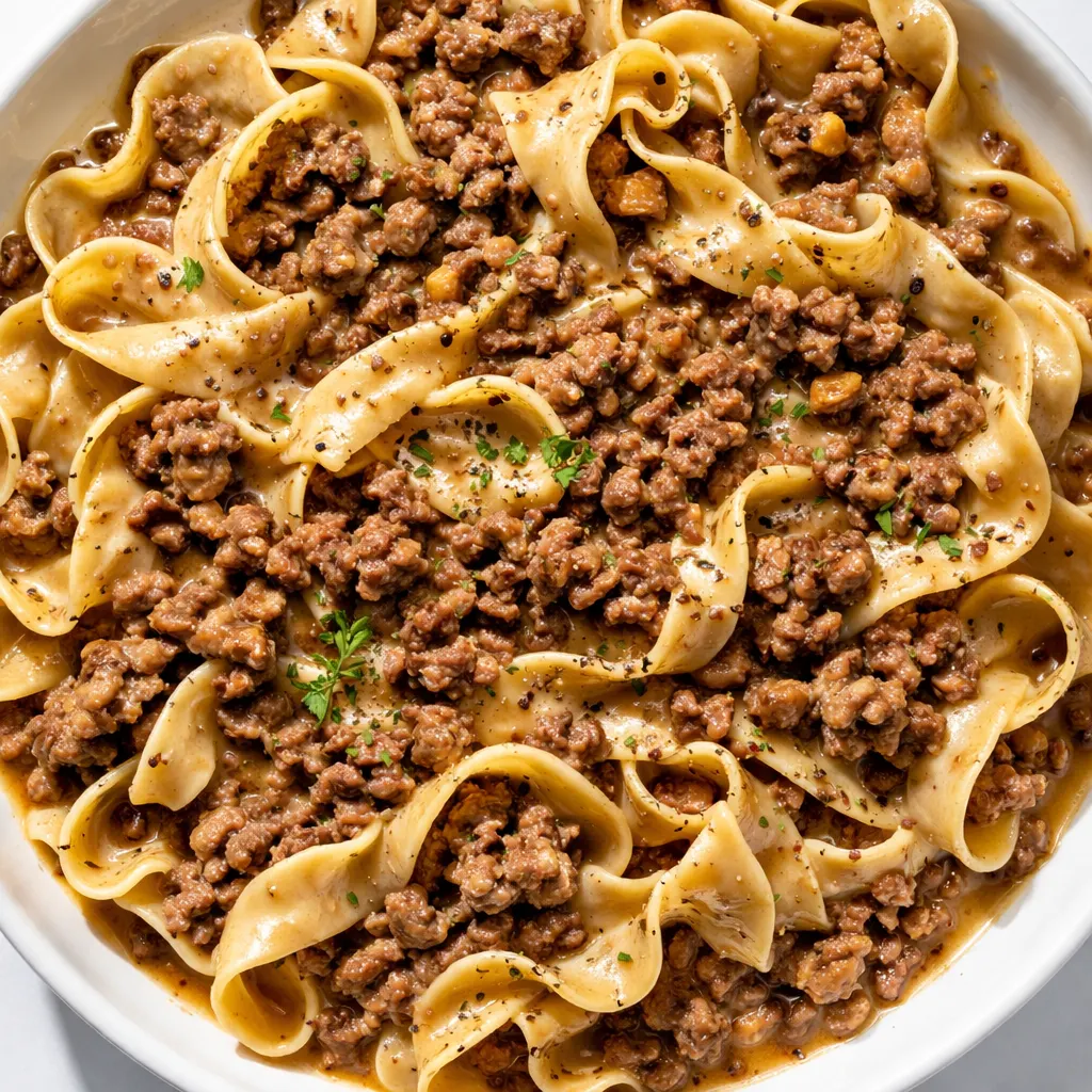 Ground beef stroganoff with creamy velvety sauce and egg noodles, garnished with fresh parsley.